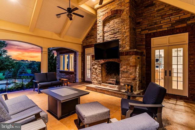 2740 Allen Glen Dr, Mechanicsburg, PA 17055 - view of patio with french doors, an outdoor living space with a fireplace, and a ceiling fan