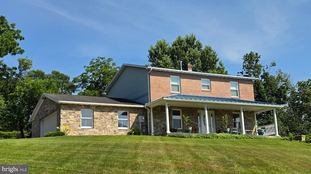 93 W Center St, Glen Rock, PA 17327 - view of front of home with stone siding, a front yard, a porch, and a chimney