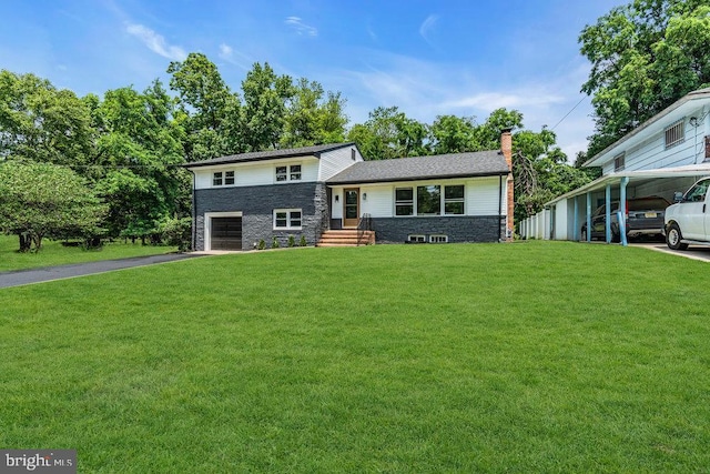 1528 Stuyvesant Ave, Trenton, NJ 08618 - tri-level home featuring driveway, a chimney, a front yard, stone siding, and an attached garage