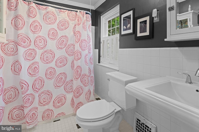 16 E Abington Ave, Philadelphia, PA 19118 - bathroom with tile walls, crown molding, and a shower with shower curtain