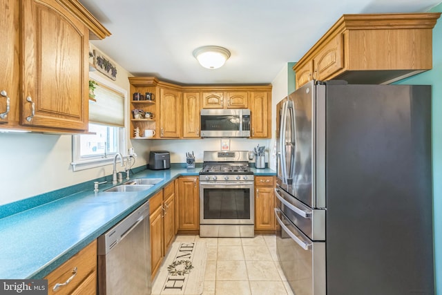 8905 Dewees St, Philadelphia, PA 19152 - kitchen with stainless steel appliances, dark countertops, open shelves, brown cabinets, and light tile patterned flooring