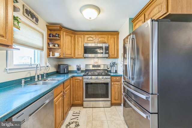 8905 Dewees St, Philadelphia, PA 19152 - kitchen with stainless steel appliances, brown cabinets, light tile patterned floors, open shelves, and dark countertops