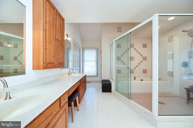 14 Quail Ridge Dr, Reading, PA 19607 - bathroom with a shower stall, double vanity, tile patterned flooring, and a bathtub