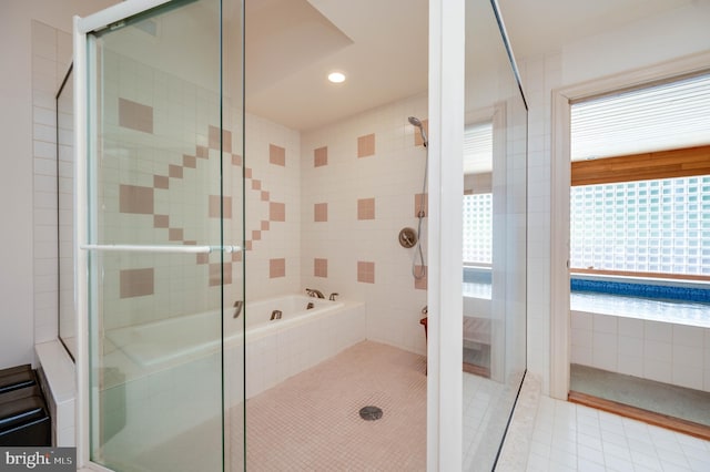 14 Quail Ridge Dr, Reading, PA 19607 - full bath with a shower stall, tile patterned flooring, recessed lighting, and a bath