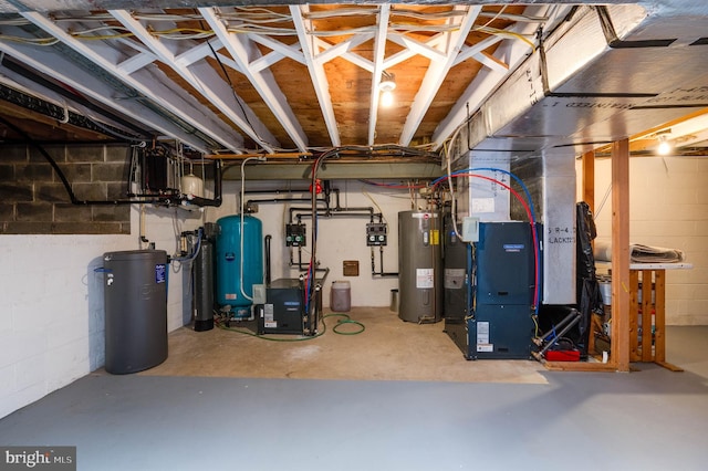 14 Quail Ridge Dr, Reading, PA 19607 - unfinished basement featuring water heater, a water pressure tank, heating unit, and concrete block wall