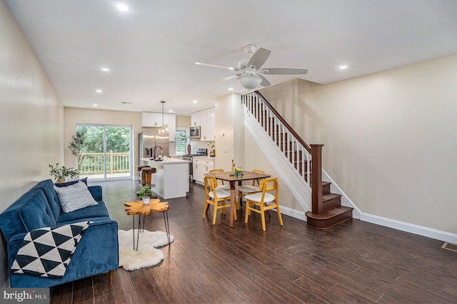 4641 Fernhill Rd, Philadelphia, PA 19144 - living room featuring stairs, dark wood-style flooring, ceiling fan, and recessed lighting