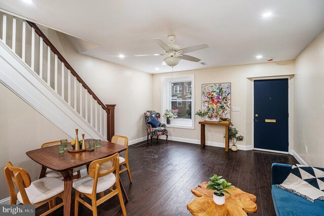 4641 Fernhill Rd, Philadelphia, PA 19144 - dining room with stairs, dark wood-type flooring, ceiling fan, and recessed lighting