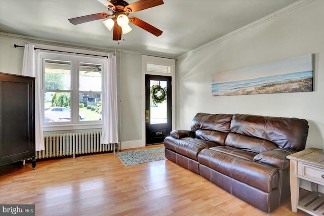 3314 Orchard Pl, Reading, PA 19605 - living area featuring radiator heating unit, a ceiling fan, ornamental molding, and light wood-style floors
