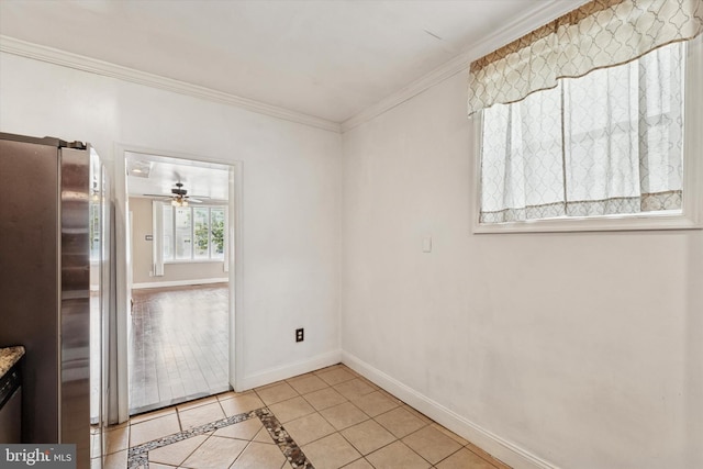 3006 Cedar St, Philadelphia, PA 19134 - unfurnished dining area featuring crown molding, inlaid floor details, light tile patterned floors, and ceiling fan