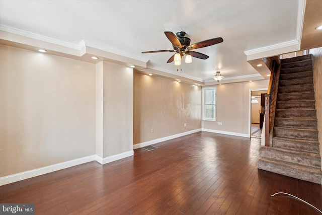 3006 Cedar St, Philadelphia, PA 19134 - unfurnished living room with stairs, ceiling fan, ornamental molding, dark wood-type flooring, and recessed lighting