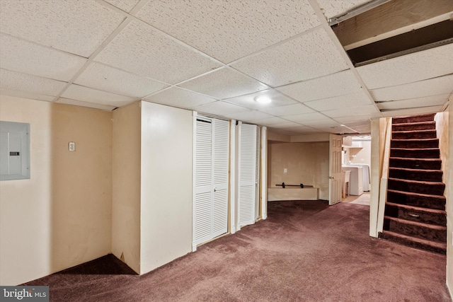 3006 Cedar St, Philadelphia, PA 19134 - finished basement featuring electric panel, carpet floors, a paneled ceiling, and stairway