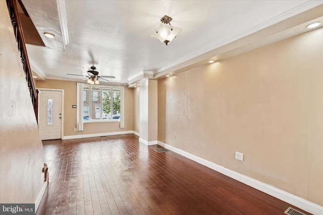 3006 Cedar St, Philadelphia, PA 19134 - unfurnished living room with crown molding, ceiling fan, and dark wood-style floors