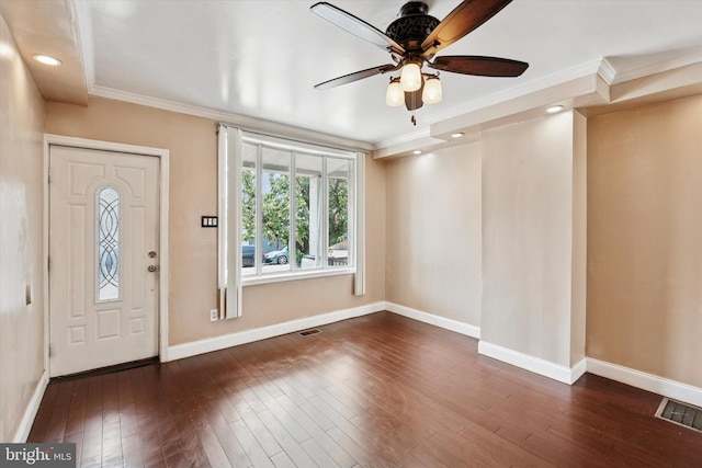3006 Cedar St, Philadelphia, PA 19134 - entrance foyer featuring ornamental molding, a ceiling fan, dark wood-type flooring, and recessed lighting