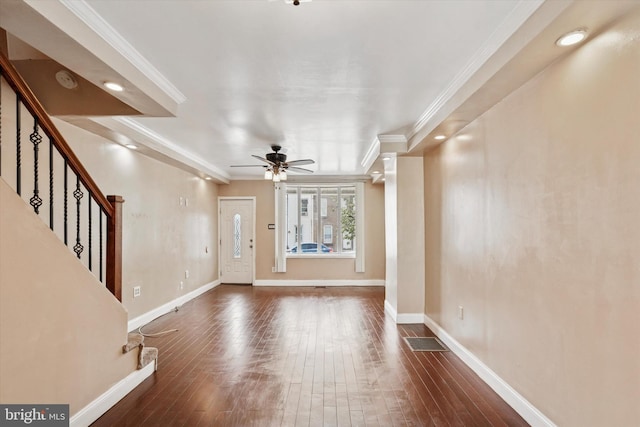 3006 Cedar St, Philadelphia, PA 19134 - foyer entrance with dark wood-style floors, ornamental molding, a ceiling fan, stairs, and recessed lighting