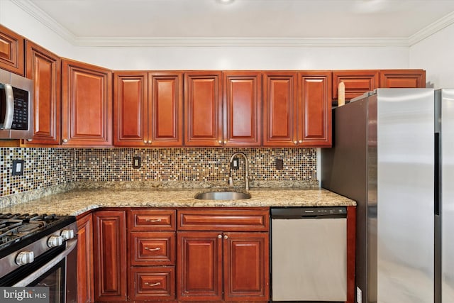 3006 Cedar St, Philadelphia, PA 19134 - kitchen featuring stainless steel appliances, tasteful backsplash, light stone countertops, reddish brown cabinets, and ornamental molding