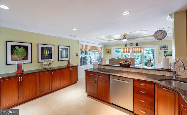1421 Custom House Sq, Bensalem, PA 19020 - kitchen featuring dishwasher, healthy amount of natural light, dark stone countertops, ceiling fan, and recessed lighting