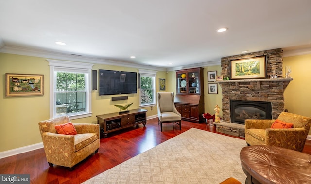 1421 Custom House Sq, Bensalem, PA 19020 - living area with ornamental molding, a fireplace, wood finished floors, and recessed lighting