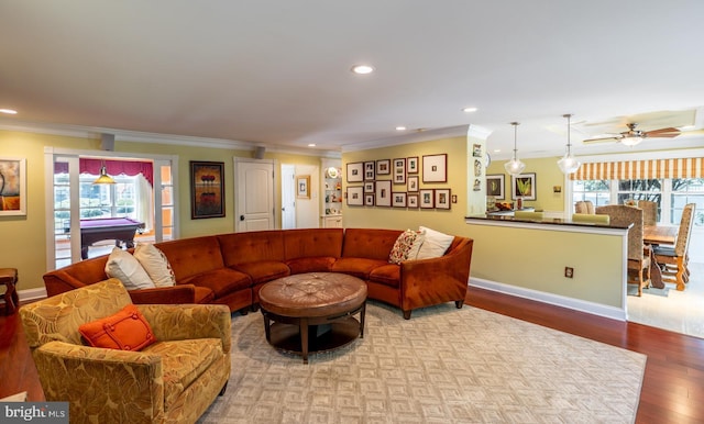 1421 Custom House Sq, Bensalem, PA 19020 - living room featuring crown molding, wood finished floors, recessed lighting, and ceiling fan