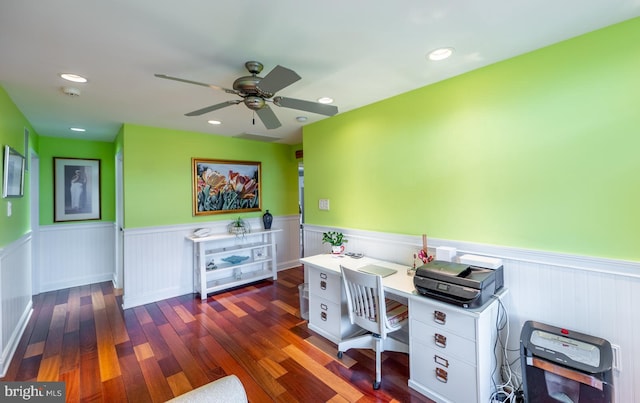 1421 Custom House Sq, Bensalem, PA 19020 - office area featuring a wainscoted wall, a ceiling fan, dark wood-style floors, and recessed lighting