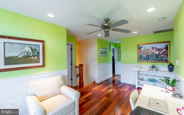 1421 Custom House Sq, Bensalem, PA 19020 - home office with wainscoting, dark wood-style floors, a ceiling fan, and recessed lighting