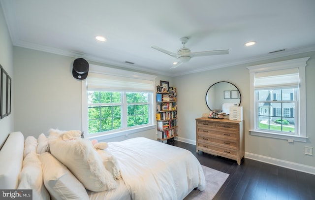 1421 Custom House Sq, Bensalem, PA 19020 - bedroom featuring dark wood-style floors, recessed lighting, ornamental molding, and a ceiling fan