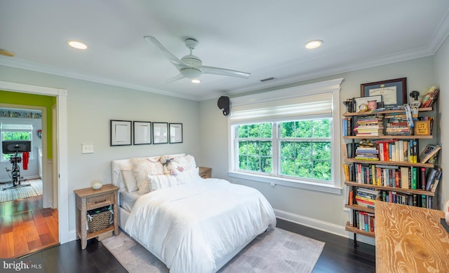 1421 Custom House Sq, Bensalem, PA 19020 - bedroom featuring recessed lighting, dark wood-style flooring, ornamental molding, and a ceiling fan