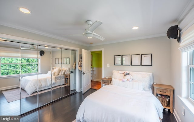 1421 Custom House Sq, Bensalem, PA 19020 - bedroom featuring multiple windows, dark wood-style floors, crown molding, ceiling fan, and recessed lighting
