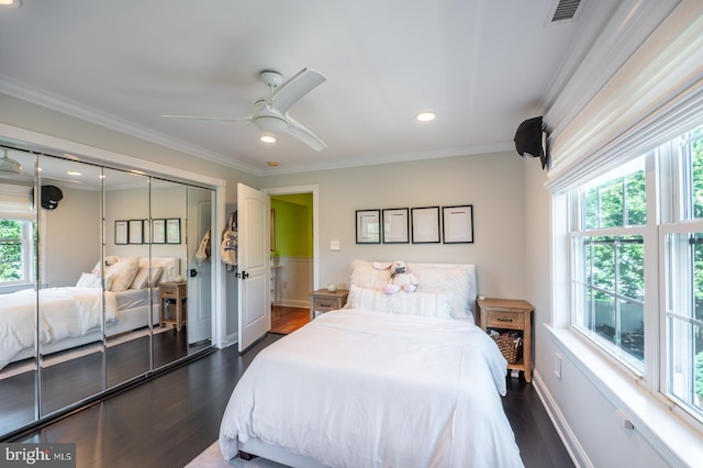 1421 Custom House Sq, Bensalem, PA 19020 - bedroom featuring dark wood finished floors, recessed lighting, ornamental molding, ceiling fan, and a closet