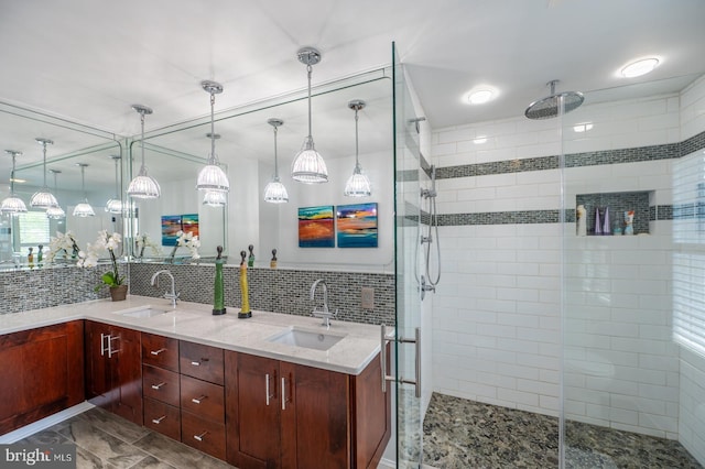 1421 Custom House Sq, Bensalem, PA 19020 - full bath with a stall shower, double vanity, tile walls, and backsplash