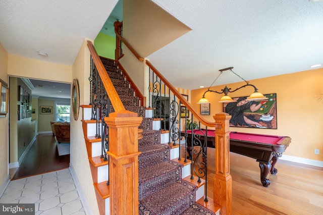 1421 Custom House Sq, Bensalem, PA 19020 - staircase with wood finished floors, a textured ceiling, and pool table