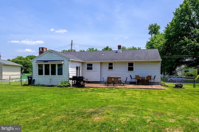 616 Dartmouth Ave, Cinnaminson, NJ 08077 - rear view of property with a wooden deck, a fenced backyard, a fire pit, and a chimney
