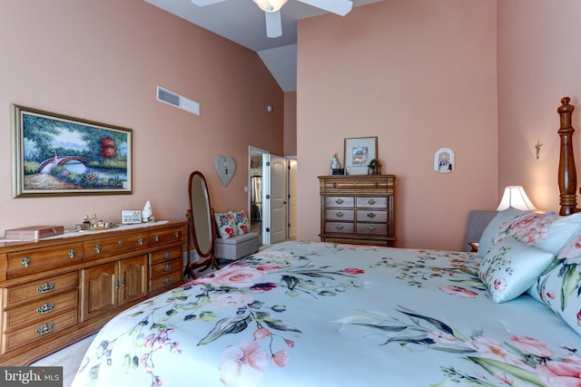 6210 Thornhill Ln, Mechanicsburg, PA 17050 - bedroom featuring high vaulted ceiling, carpet floors, and ceiling fan
