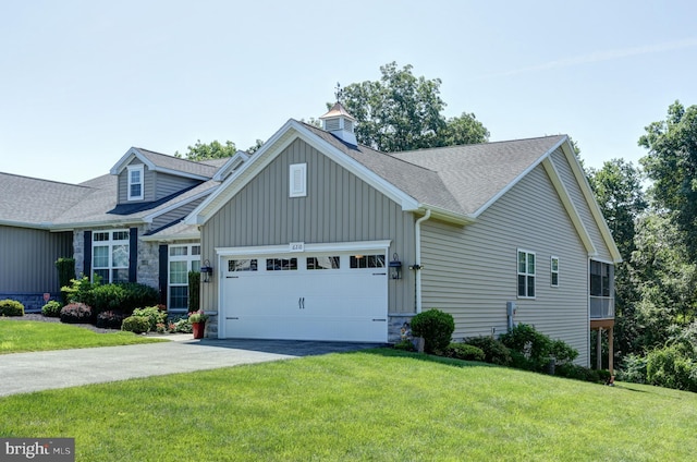 6210 Thornhill Ln, Mechanicsburg, PA 17050 - view of front of home featuring asphalt driveway, an attached garage, a front lawn, board and batten siding, and a shingled roof