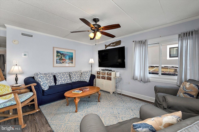 4 46th St Unit 101, Ocean City, MD 21842 - living area featuring wood finished floors, crown molding, and a ceiling fan
