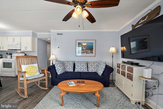 4 46th St Unit 101, Ocean City, MD 21842 - living room featuring crown molding, dark wood-style floors, and a ceiling fan