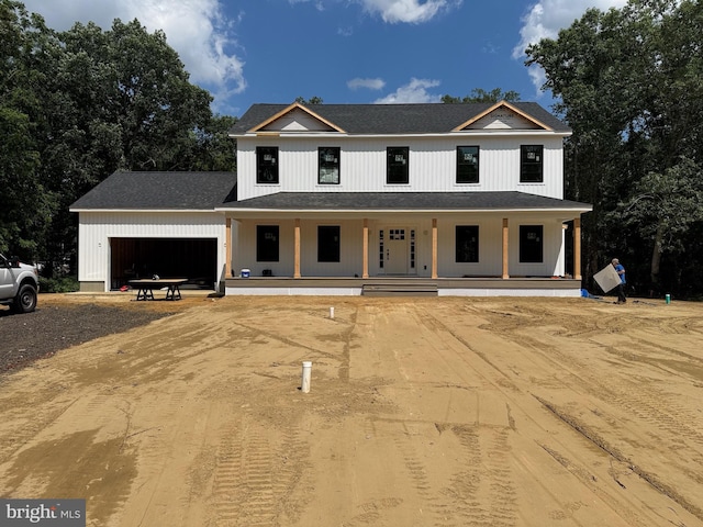 14 Wynn N Rd, Tabernacle, NJ 08088 - modern farmhouse with a garage, covered porch, a shingled roof, and driveway