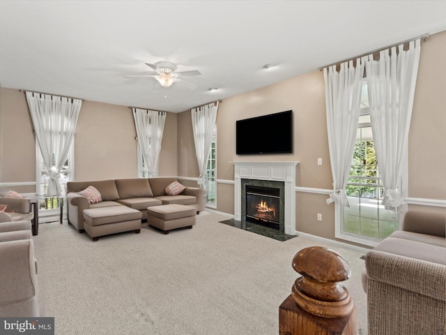 1505 Ridge Forest Way, Hanover, MD 21076 - carpeted living area featuring a ceiling fan and a high end fireplace