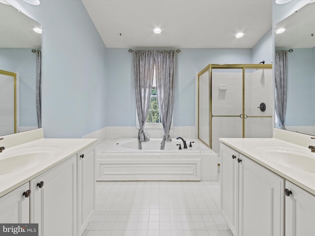 1505 Ridge Forest Way, Hanover, MD 21076 - bathroom with a stall shower, two vanities, tile patterned floors, a bath, and recessed lighting