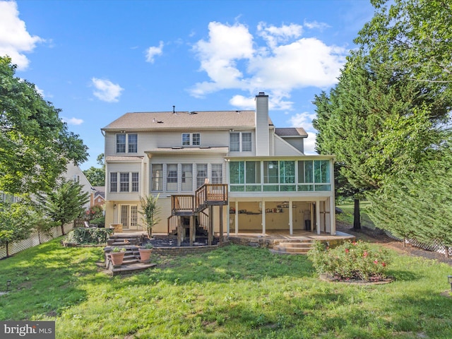 1505 Ridge Forest Way, Hanover, MD 21076 - back of property with a sunroom, a chimney, a patio, and stairs