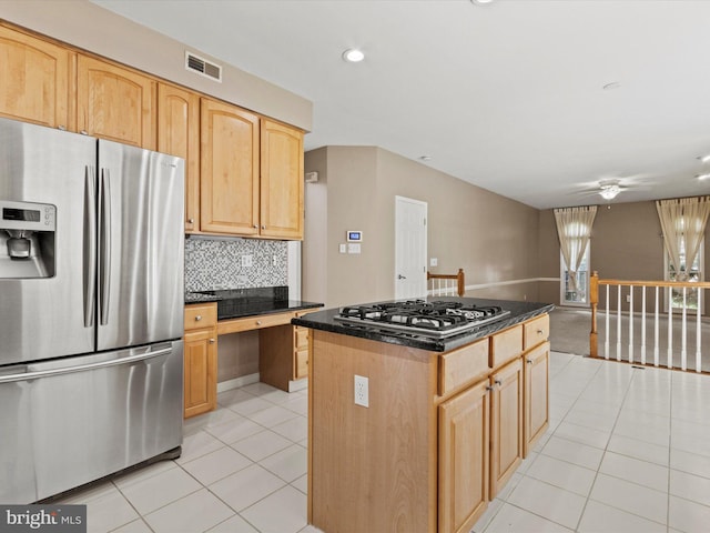 1505 Ridge Forest Way, Hanover, MD 21076 - kitchen featuring stainless steel appliances, light brown cabinetry, light tile patterned floors, tasteful backsplash, and ceiling fan