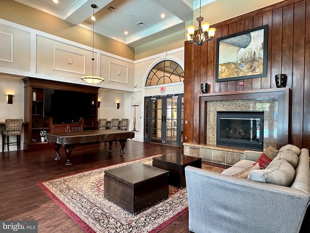 2465 Army Navy Dr Unit 1-302, Arlington, VA 22206 - living room featuring wood finished floors, crown molding, a high ceiling, a fireplace, and billiards table