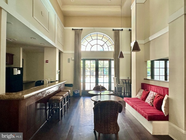 2465 Army Navy Dr Unit 1-302, Arlington, VA 22206 - living area featuring healthy amount of natural light, dark wood-type flooring, ornamental molding, a towering ceiling, and french doors