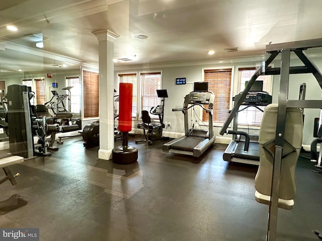2465 Army Navy Dr Unit 1-302, Arlington, VA 22206 - exercise room featuring crown molding, healthy amount of natural light, decorative columns, and recessed lighting