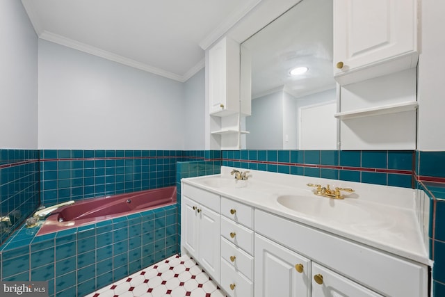 11704 Milbern Dr, Potomac, MD 20854 - bathroom with double vanity, a garden tub, and ornamental molding