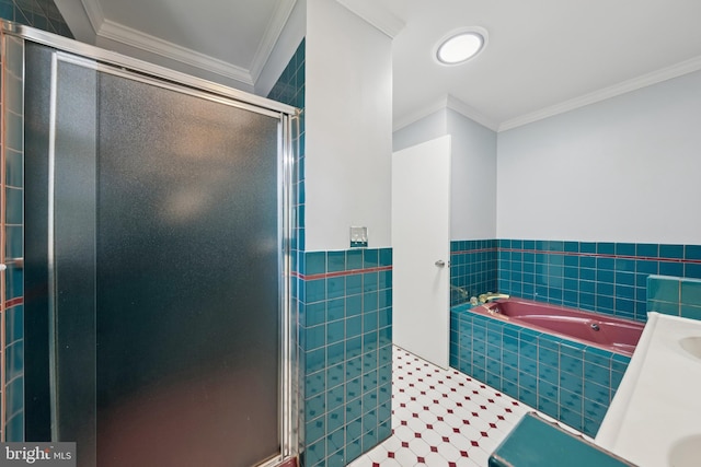 11704 Milbern Dr, Potomac, MD 20854 - full bathroom featuring crown molding, a bath, tile walls, a stall shower, and a wainscoted wall