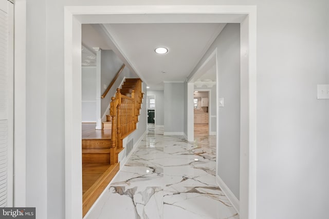 11704 Milbern Dr, Potomac, MD 20854 - hall featuring ornamental molding, marble tiled floors, stairs, and recessed lighting