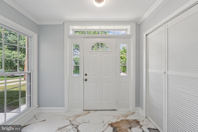 11704 Milbern Dr, Potomac, MD 20854 - foyer entrance with light marble finish flooring, healthy amount of natural light, and crown molding