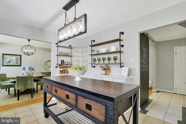 441 Barker Dr, West Chester, PA 19380 - kitchen featuring light tile patterned flooring, a chandelier, hanging light fixtures, and open shelves