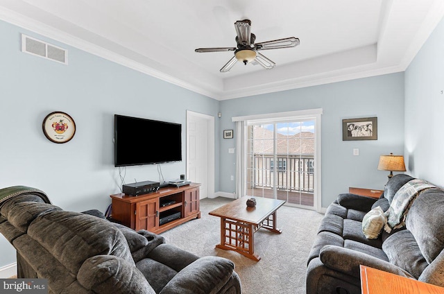 7000 Village Way Unit 408, Boothwyn, PA 19061 - carpeted living room with ceiling fan and a tray ceiling