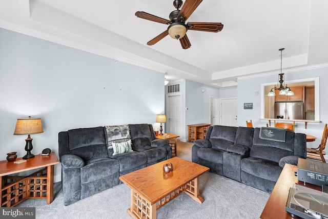 7000 Village Way Unit 408, Boothwyn, PA 19061 - living area with carpet flooring, a ceiling fan, and a tray ceiling